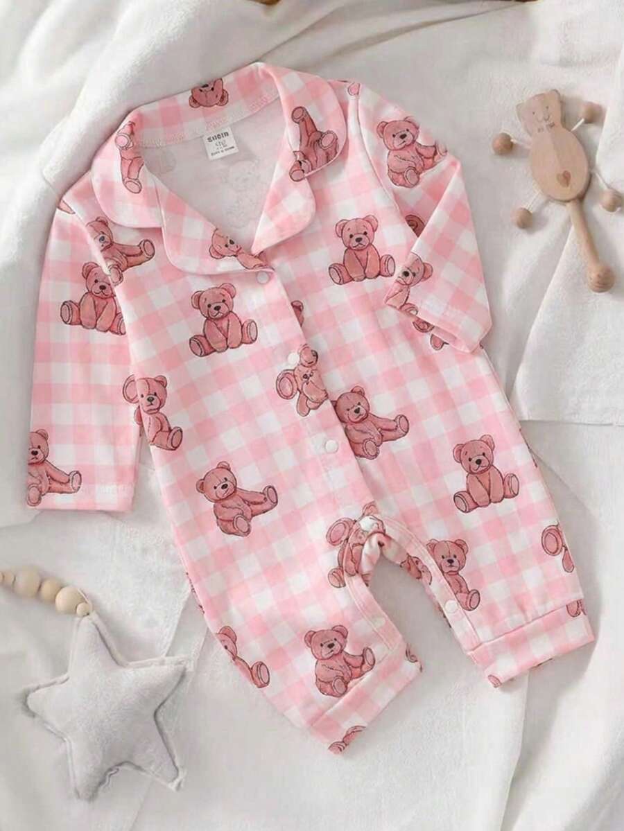 Baby Boy Bear Print Romper and Pants Set with Long Sleeve Snap Up Design