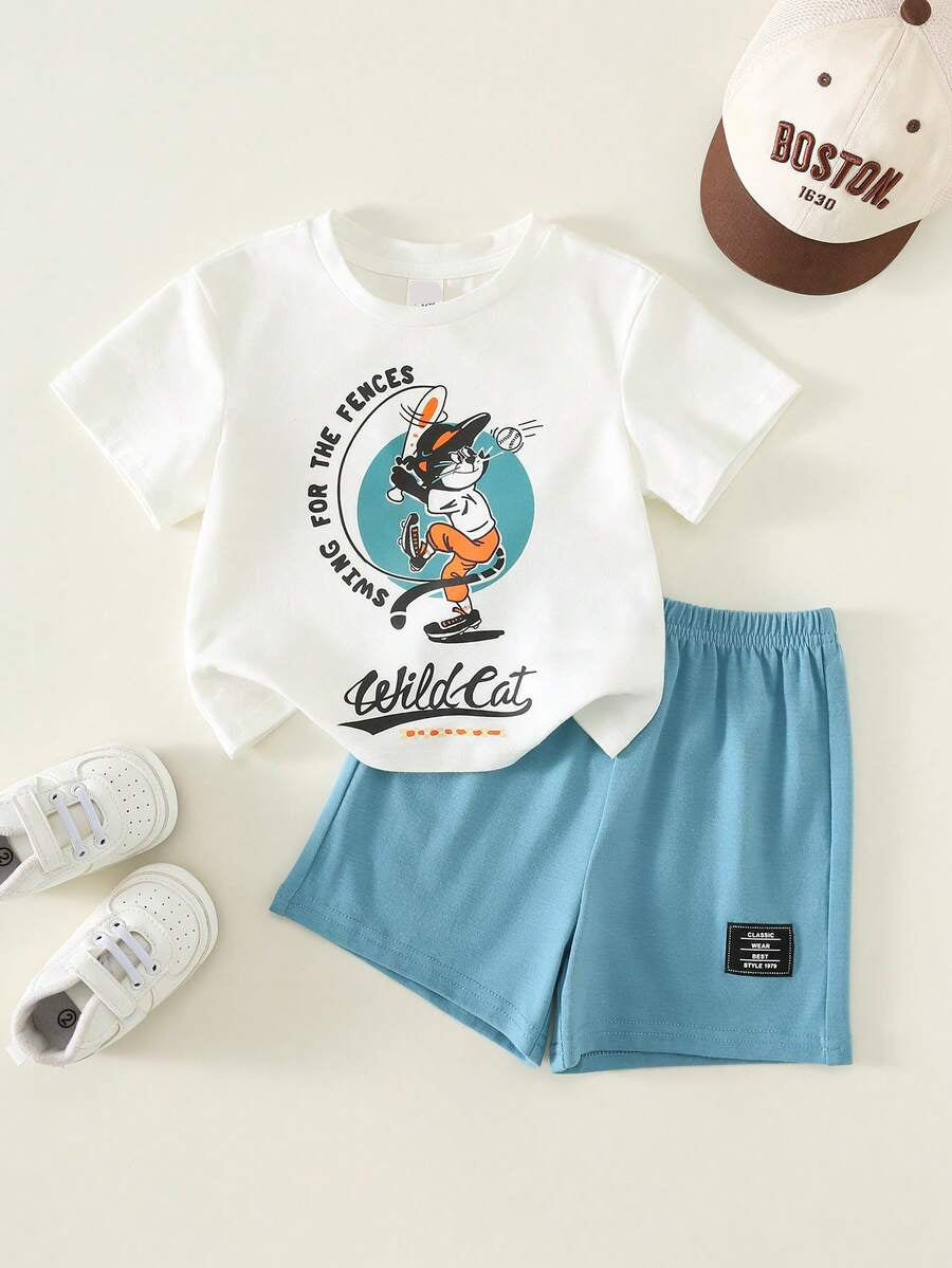 Baby Boy Animal Crayon Print T Shirt and Knitted Shorts 2 Piece Casual Spring Summer Outfit Set
