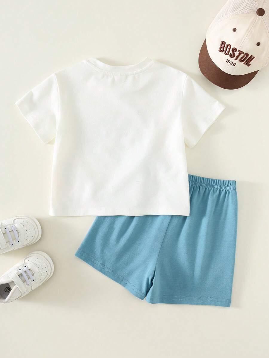 Baby Boy Animal Crayon Print T Shirt and Knitted Shorts 2 Piece Casual Spring Summer Outfit Set