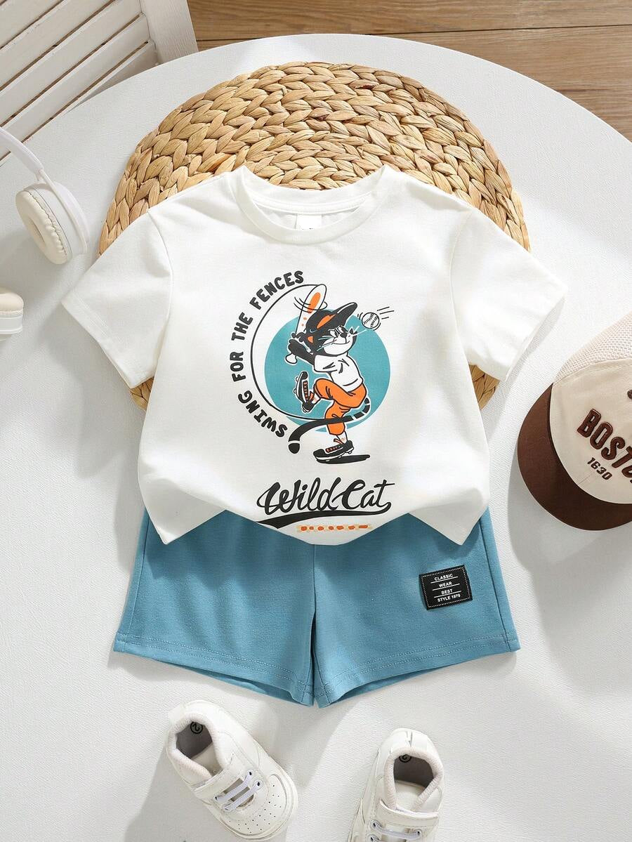 Baby Boy Animal Crayon Print T Shirt and Knitted Shorts 2 Piece Casual Spring Summer Outfit Set