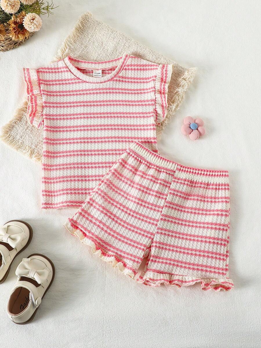 Cute Ruffle Sleeve Outfit Set For Little Girls Colorful Striped Clothing