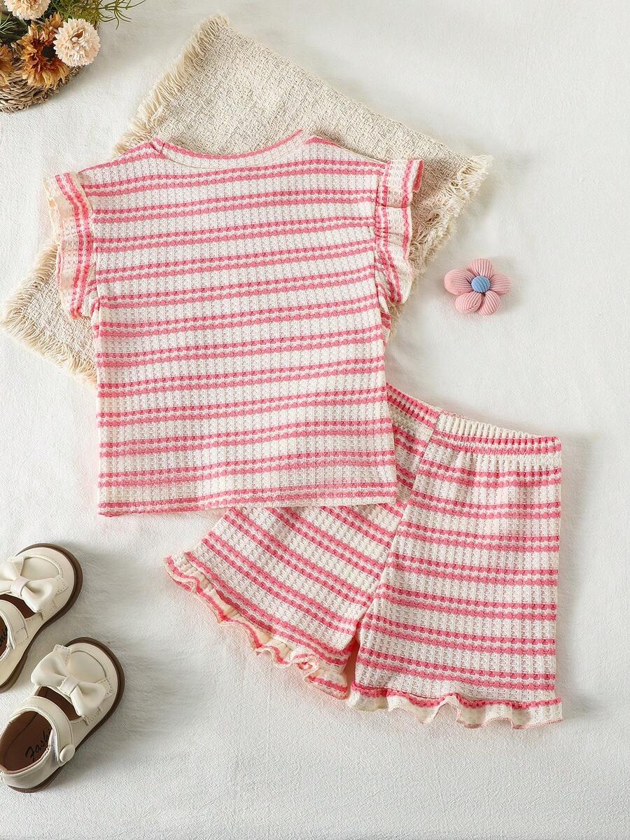 Cute Ruffle Sleeve Outfit Set For Little Girls Colorful Striped Clothing