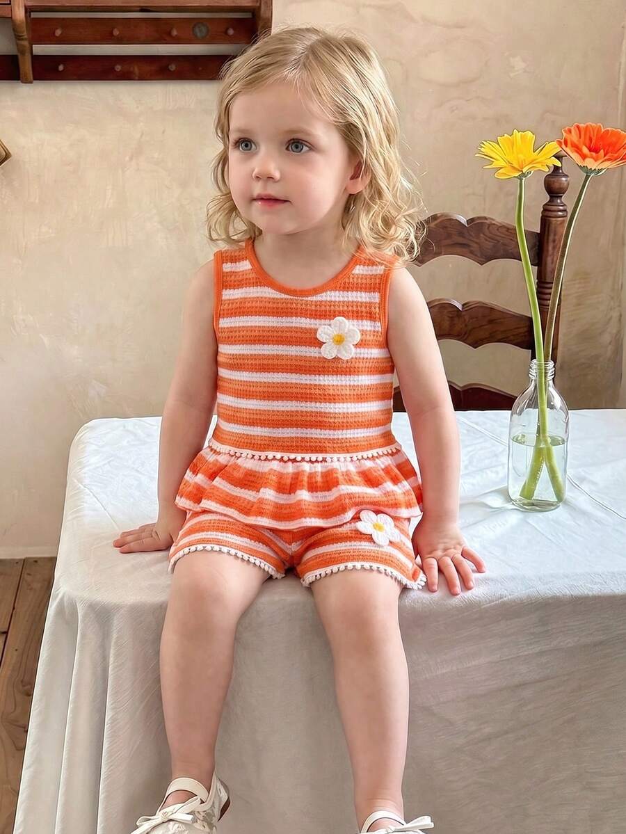 Two Piece Summer Clothing Set For Kids Girls Floral Knit Top And Shorts