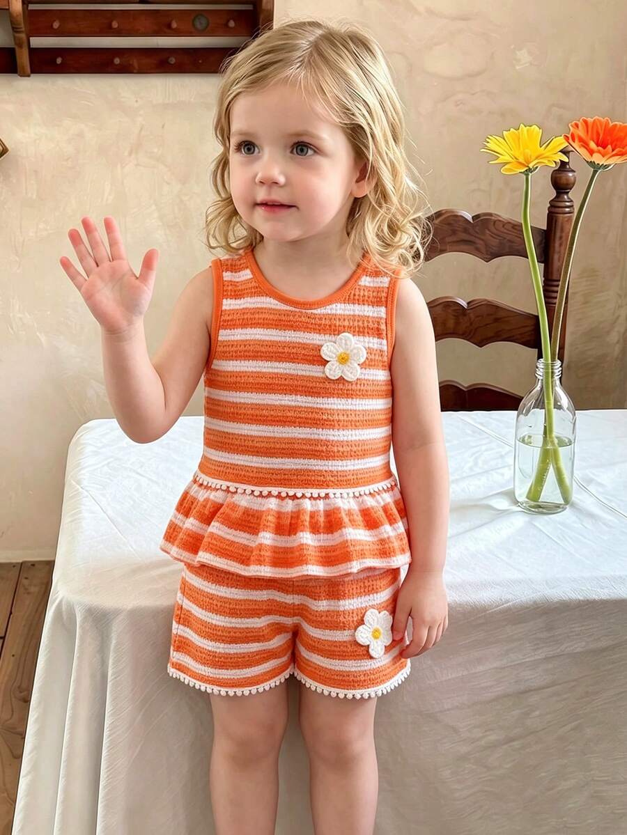 Two Piece Summer Clothing Set For Kids Girls Floral Knit Top And Shorts