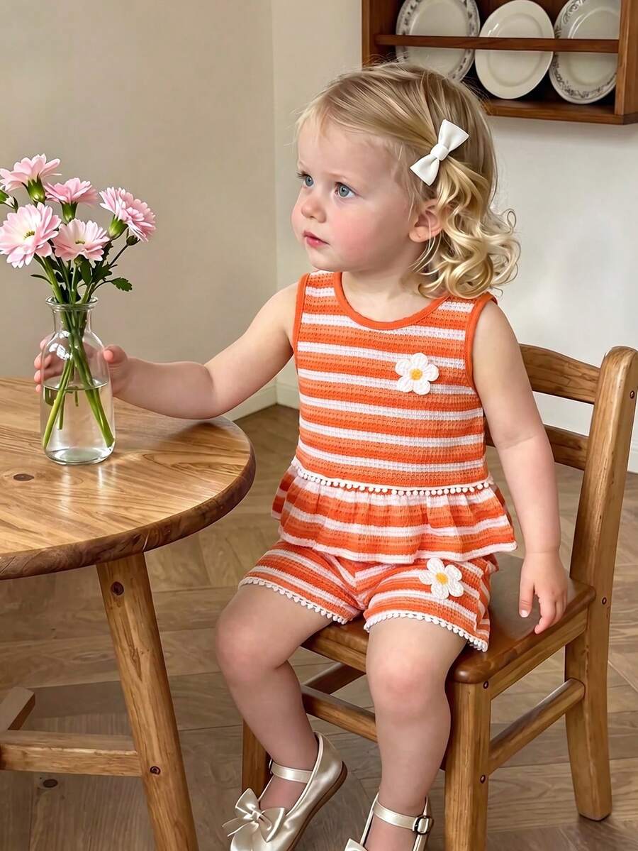 Two Piece Summer Clothing Set For Kids Girls Floral Knit Top And Shorts