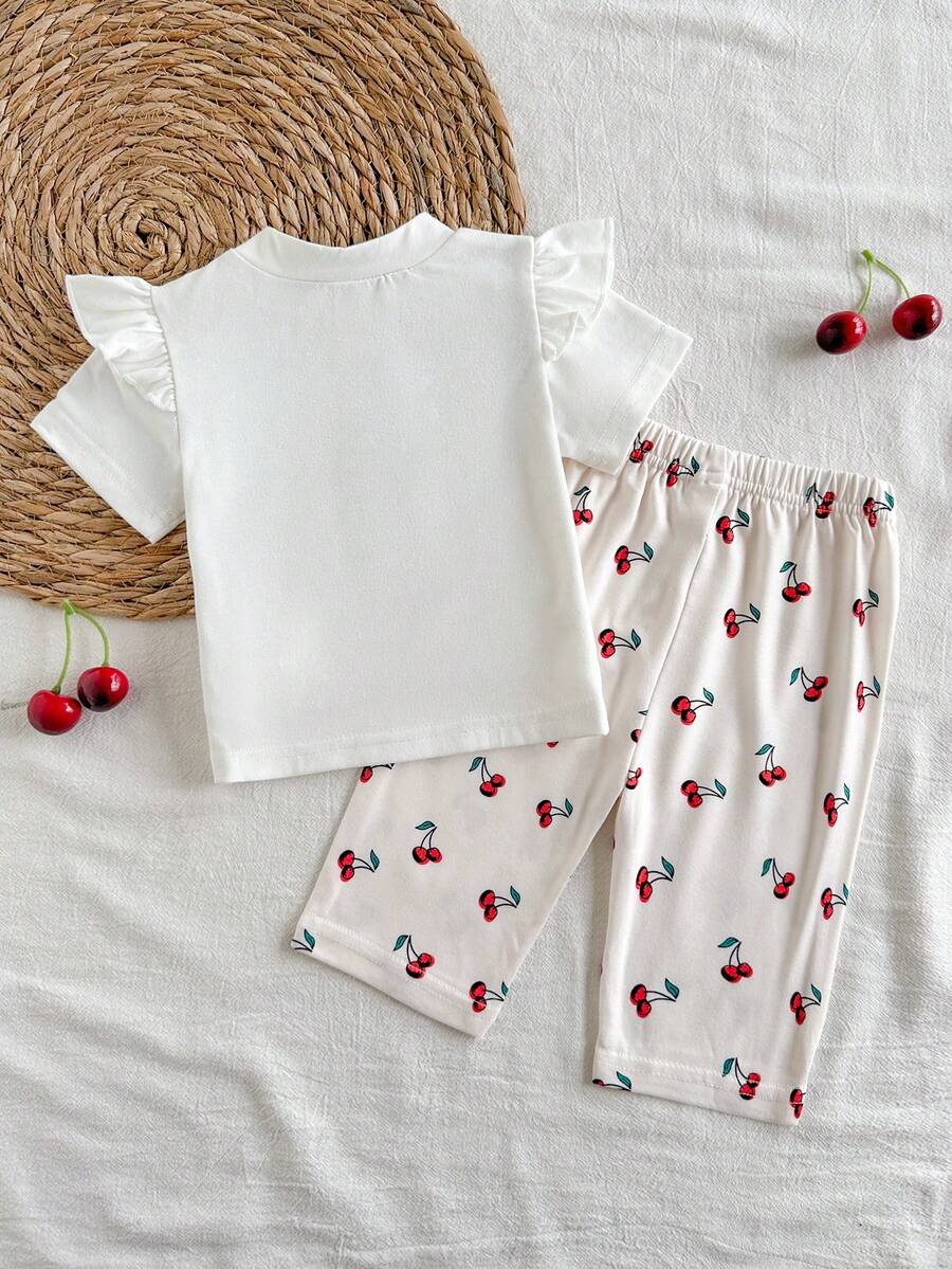 Baby Girl Strawberry Print T Shirt and Pants Set for Cute Summer Daily Wear