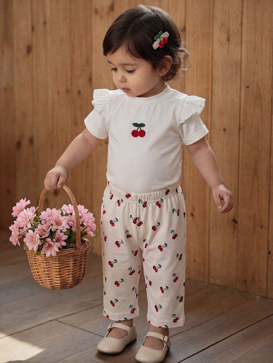 Baby Girl Strawberry Print T Shirt and Pants Set for Cute Summer Daily Wear