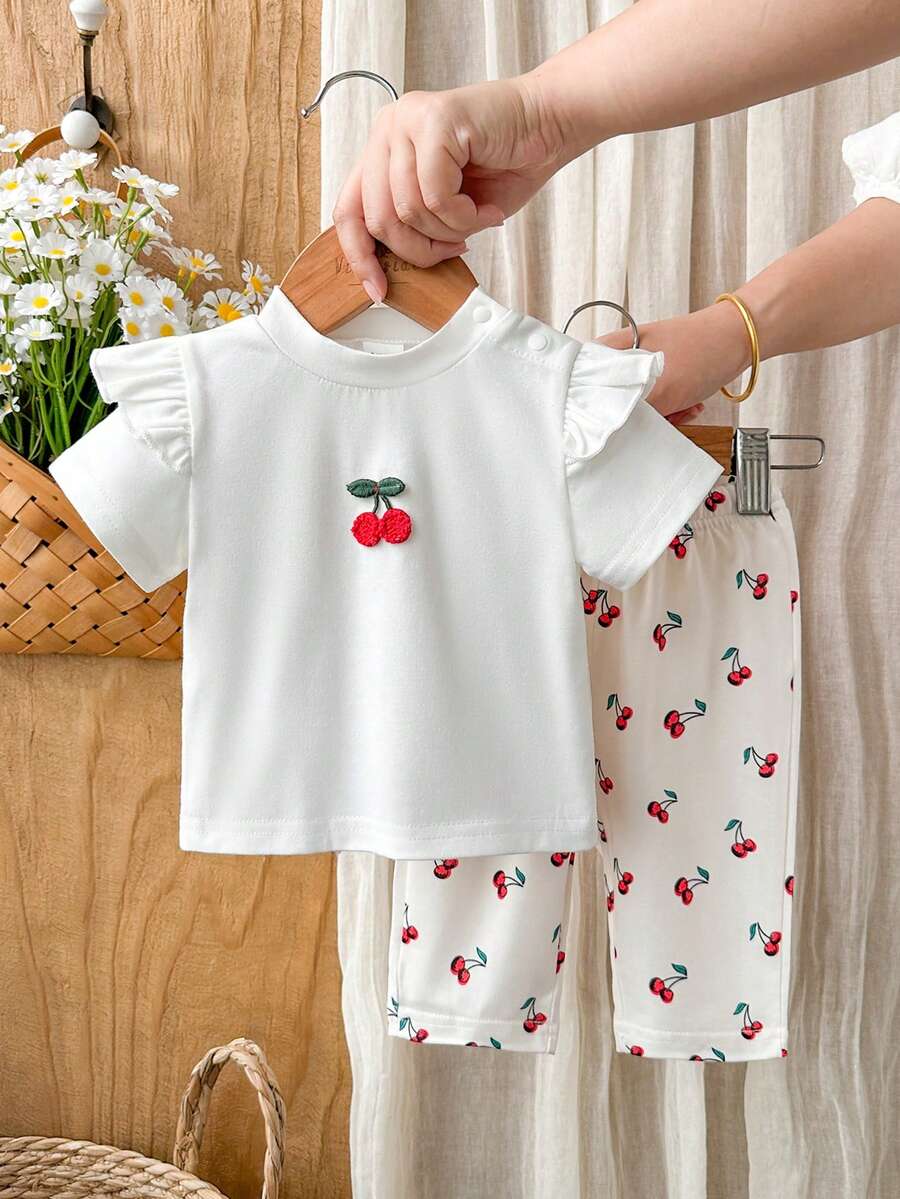 Baby Girl Strawberry Print T Shirt and Pants Set for Cute Summer Daily Wear