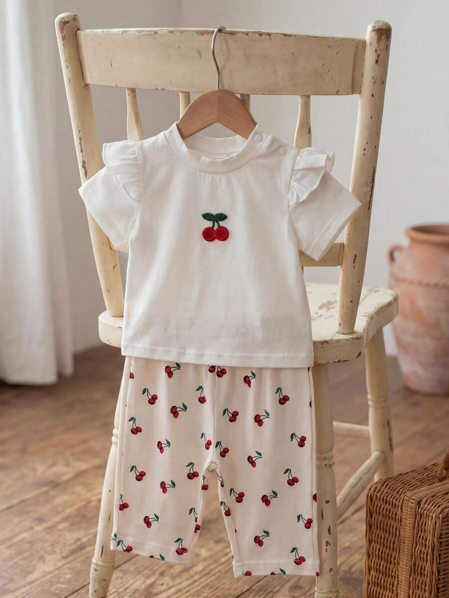 Baby Girl Strawberry Print T Shirt and Pants Set for Cute Summer Daily Wear