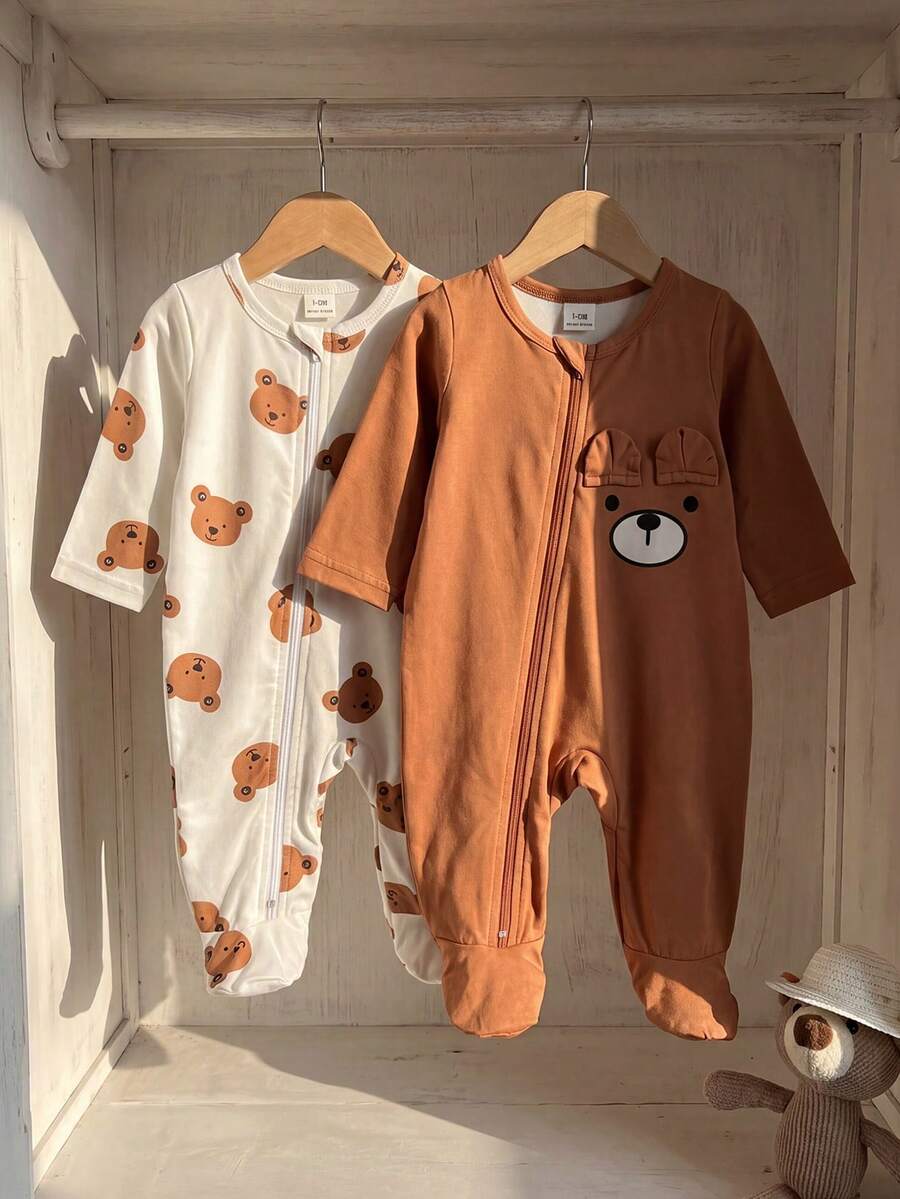 2PCS Baby Elephant Print Long Sleeve Romper Set for Cozy Autumn and Winter Wear