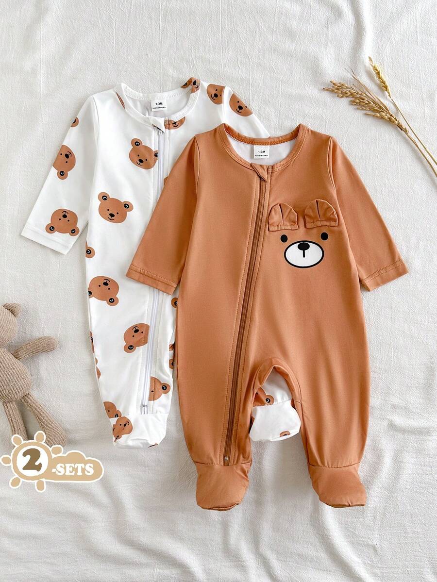 2PCS Baby Elephant Print Long Sleeve Romper Set for Cozy Autumn and Winter Wear