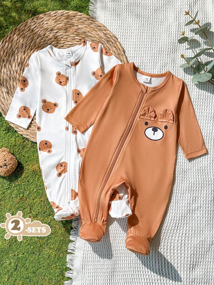 2PCS Baby Elephant Print Long Sleeve Romper Set for Cozy Autumn and Winter Wear