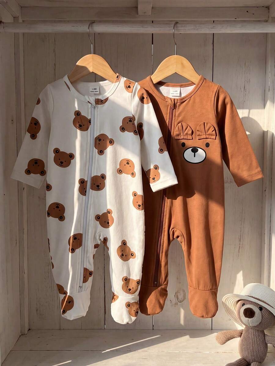 2PCS Baby Elephant Print Long Sleeve Romper Set for Cozy Autumn and Winter Wear