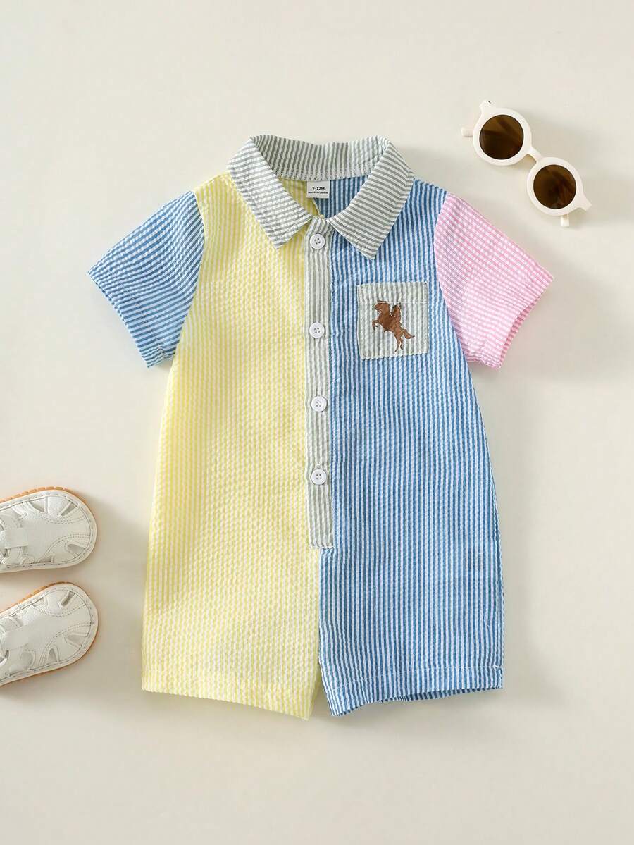 Newborn Baby Striped Polo Collar Short Sleeve Romper 2 Piece Outfit Set for Birthday Party Wedding Baby Shower