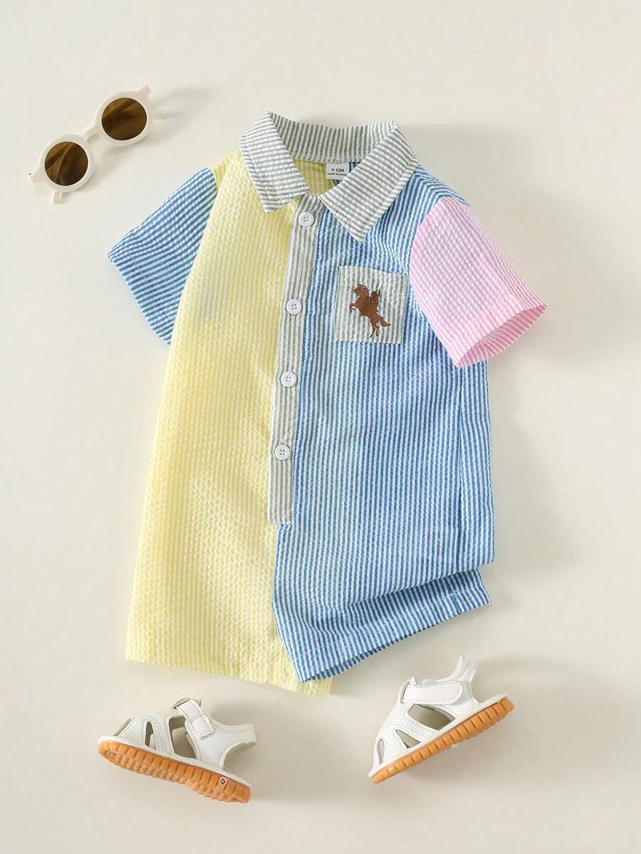 Newborn Baby Striped Polo Collar Short Sleeve Romper 2 Piece Outfit Set for Birthday Party Wedding Baby Shower