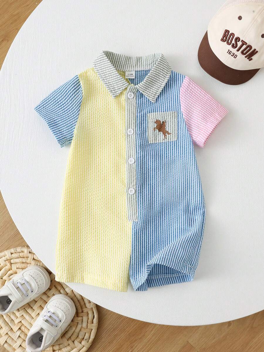 Newborn Baby Striped Polo Collar Short Sleeve Romper 2 Piece Outfit Set for Birthday Party Wedding Baby Shower