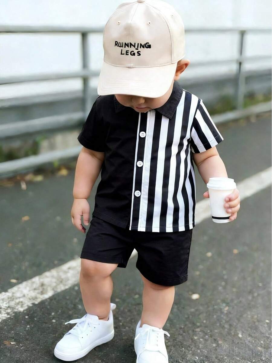 2pcs/Set Baby Boy Casual Striped Polo Collar Top & Shorts Summer Clothes