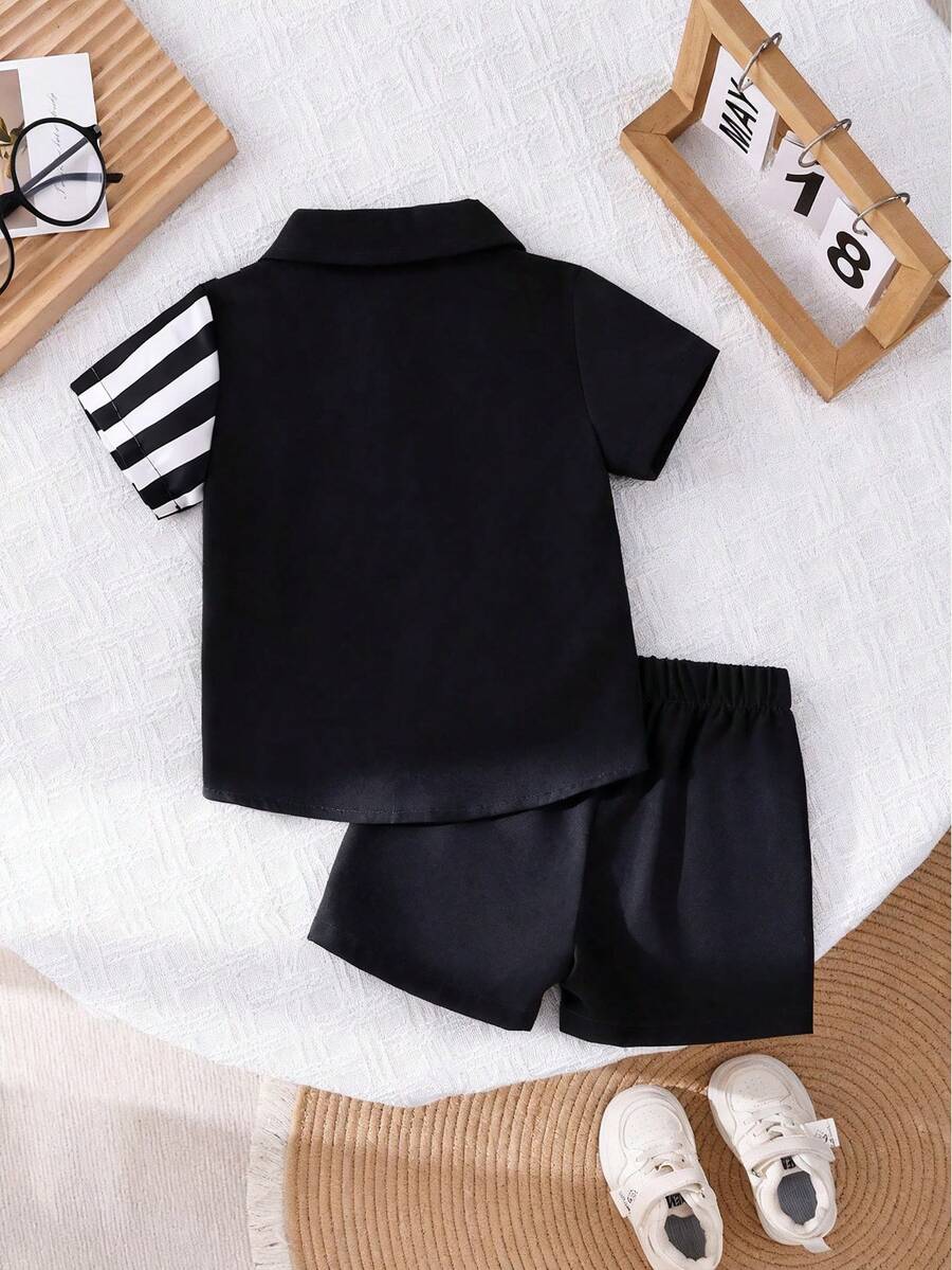 2pcs/Set Baby Boy Casual Striped Polo Collar Top & Shorts Summer Clothes