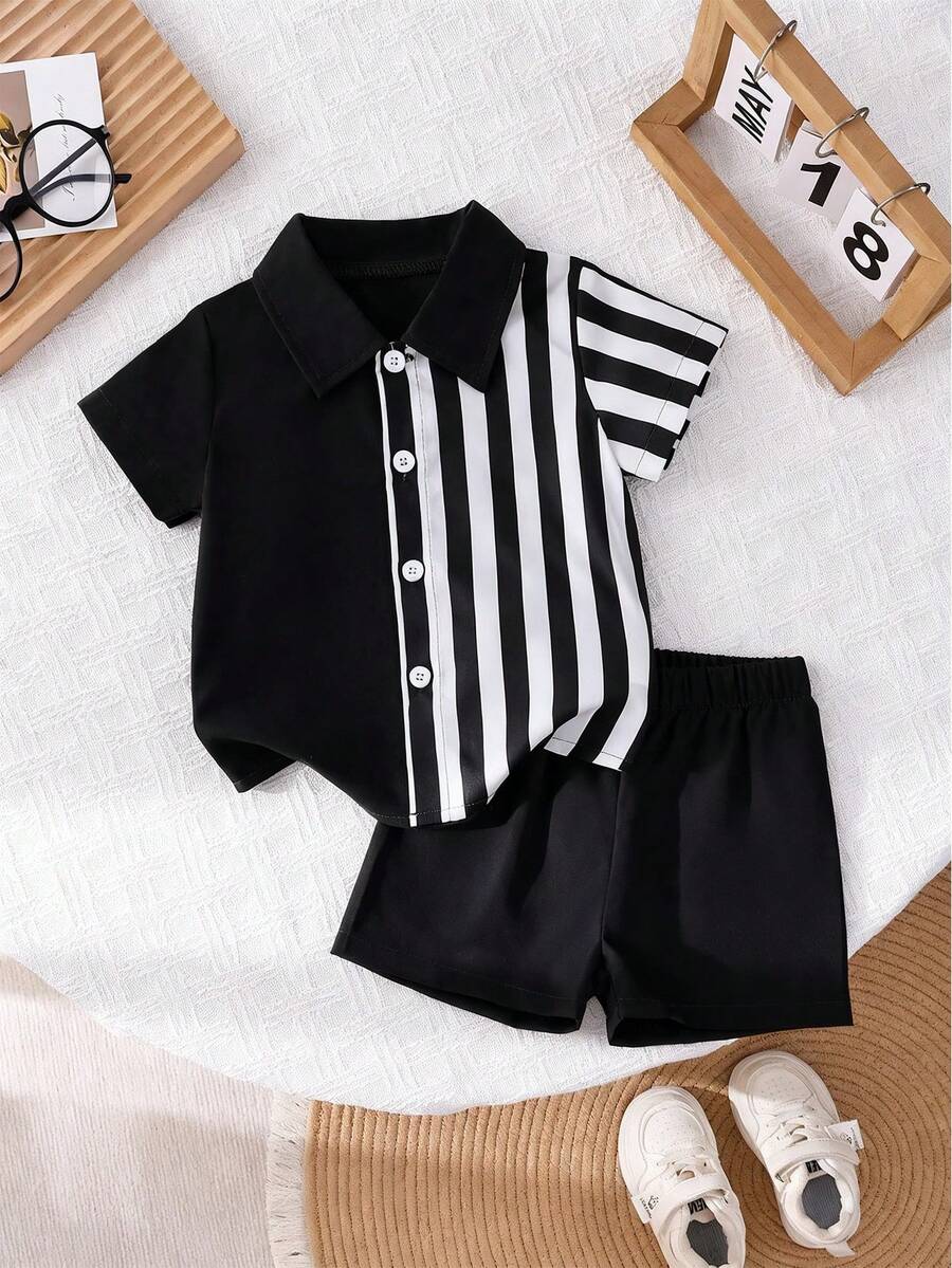 2pcs/Set Baby Boy Casual Striped Polo Collar Top & Shorts Summer Clothes