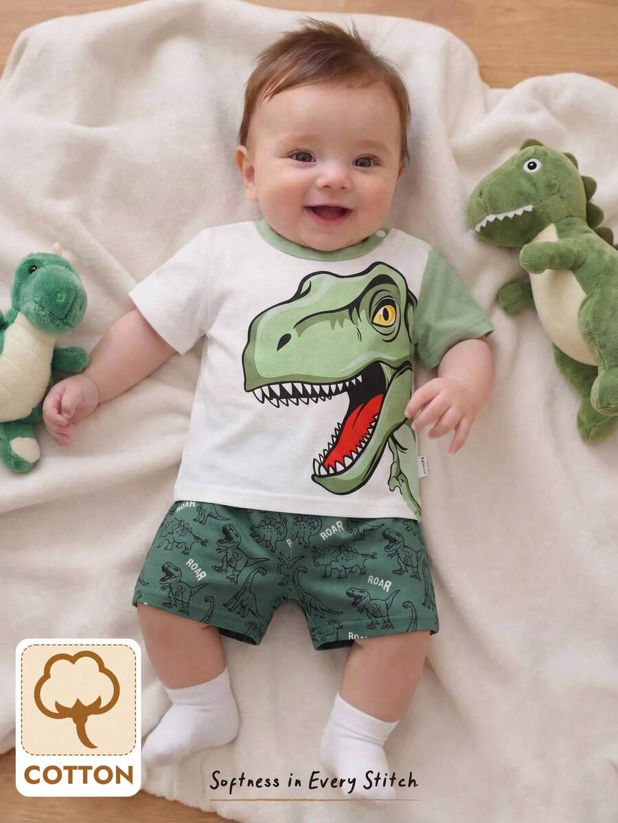 Newborn Boy & Girl Summer Knit Outfit -Cute Cartoon Bear Striped Shirt & Shorts Set