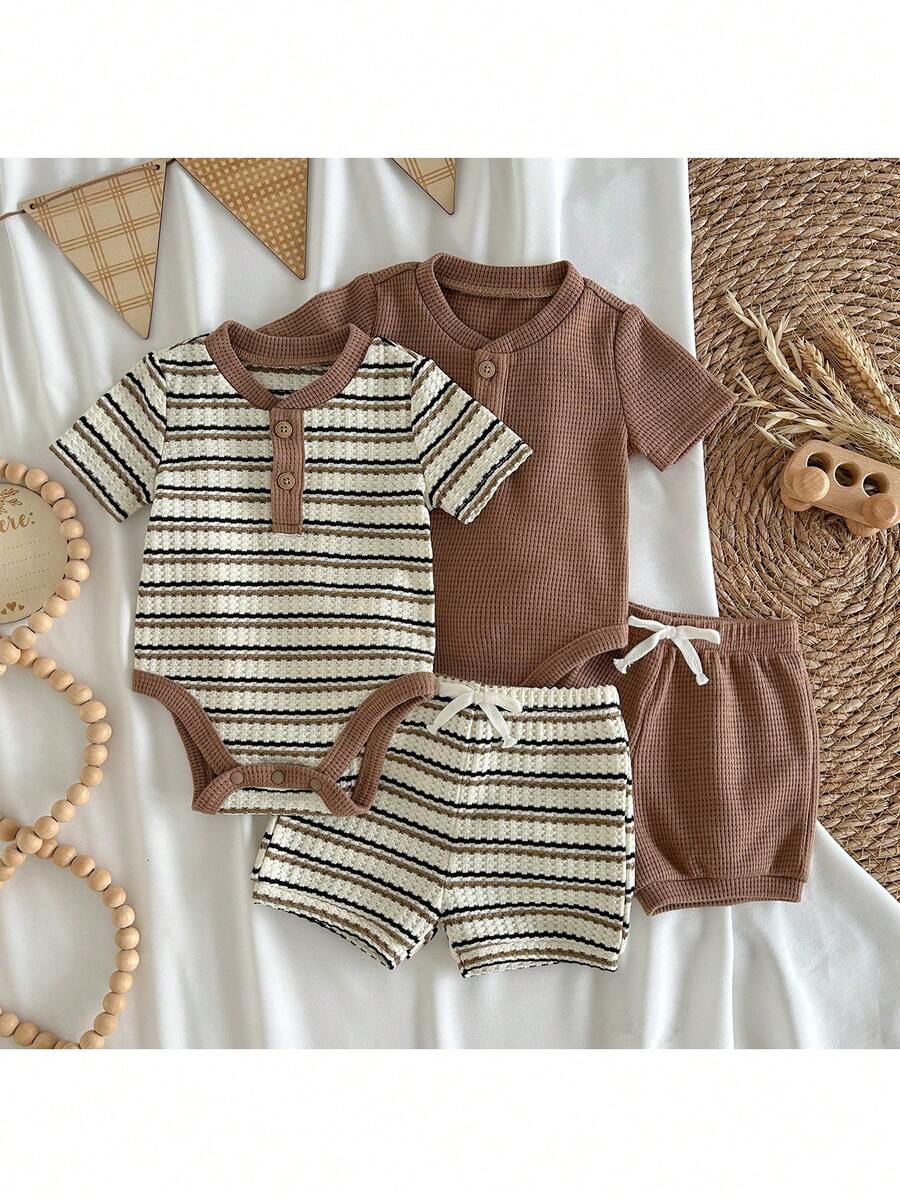 Striped Bodysuit and Shorts 4 Piece Outfit Set for Cute Summer Daily Wear