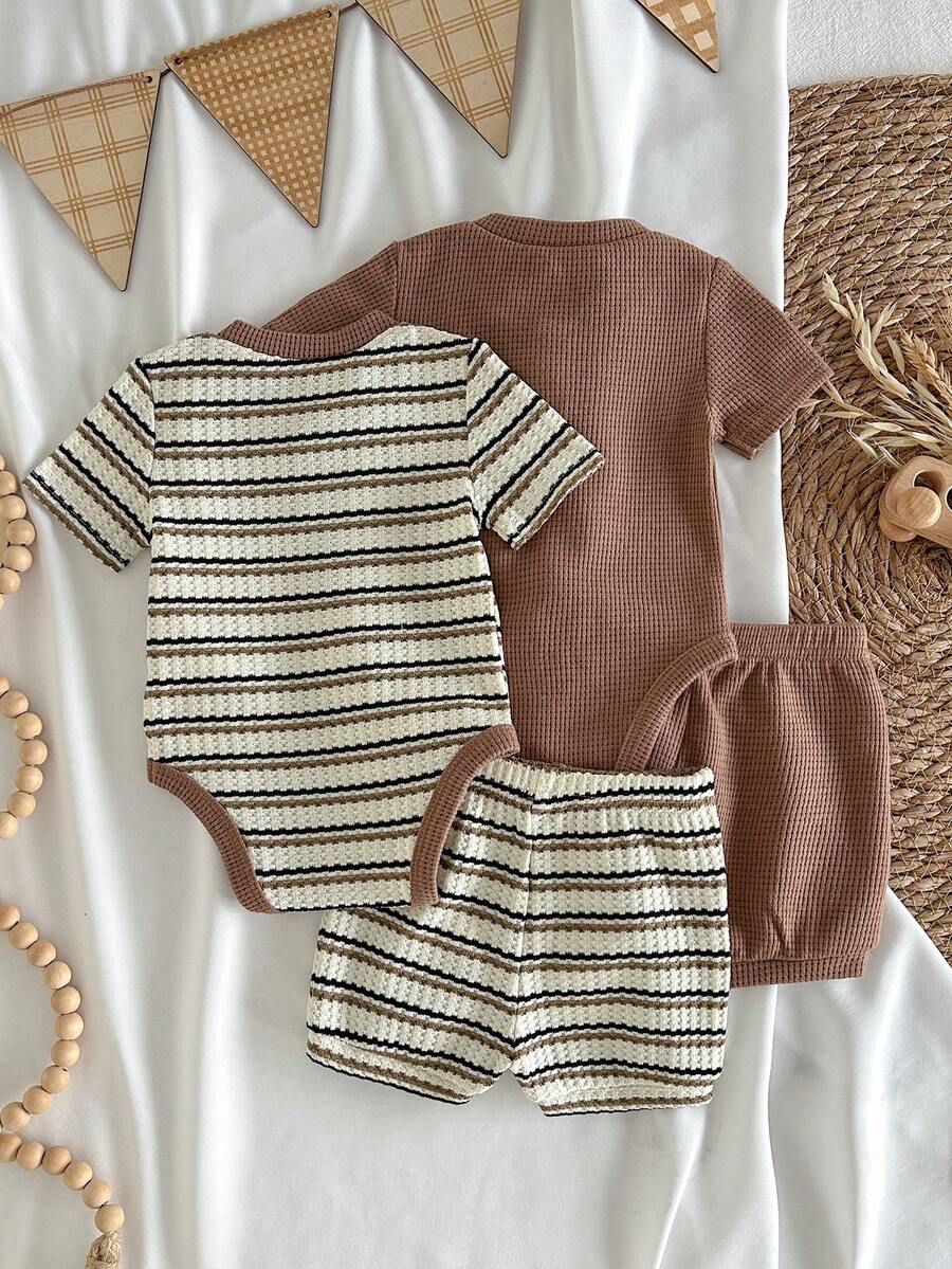 Striped Bodysuit and Shorts 4 Piece Outfit Set for Cute Summer Daily Wear