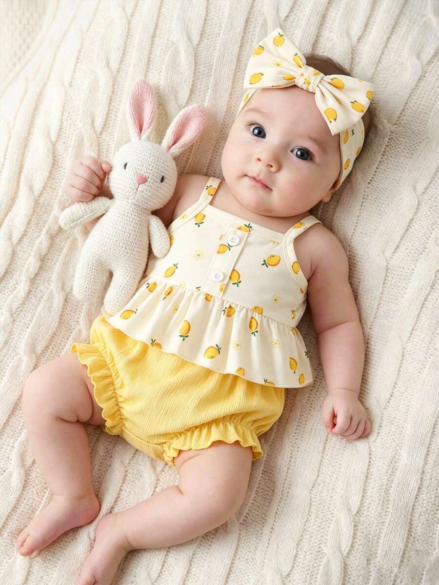 Baby Girl Heart Print Camisole Top and Shorts Set for Cute Summer Daily Wear