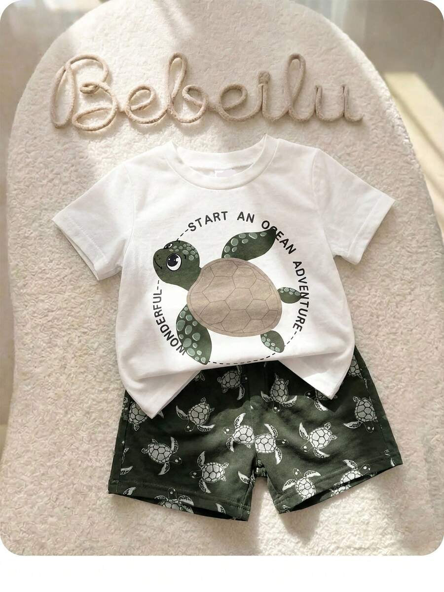 Baby Boy Animal Crayon Print T Shirt and Knitted Shorts 2 Piece Casual Spring Summer Outfit Set