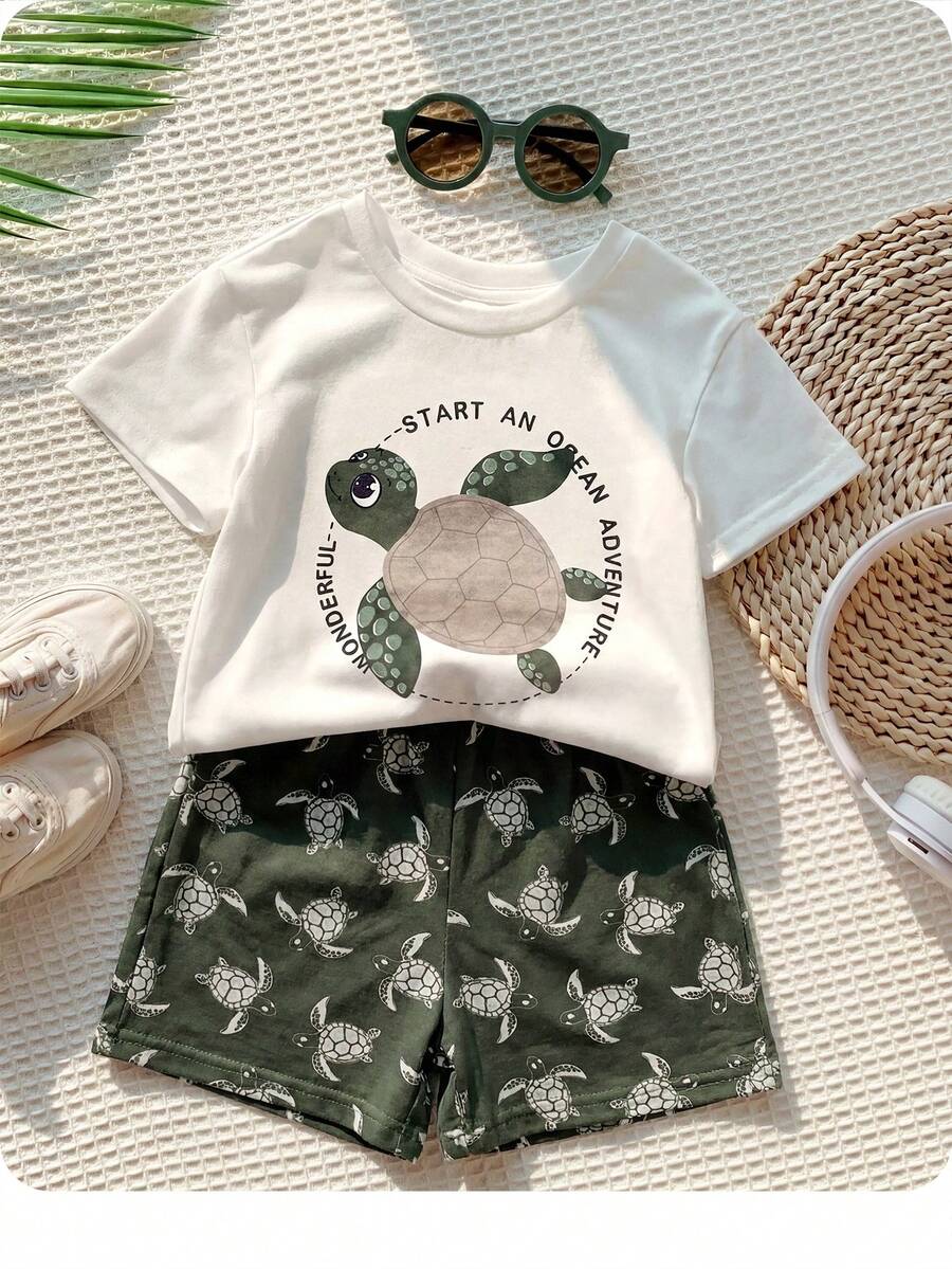 Baby Boy Animal Crayon Print T Shirt and Knitted Shorts 2 Piece Casual Spring Summer Outfit Set