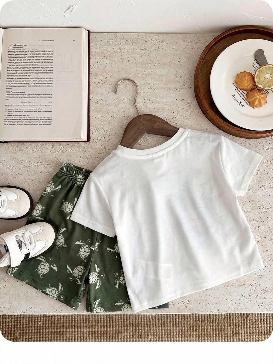 Baby Boy Animal Crayon Print T Shirt and Knitted Shorts 2 Piece Casual Spring Summer Outfit Set