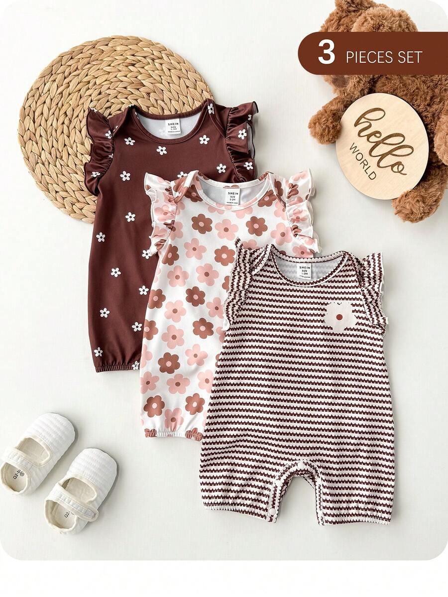 Newborn Soft Knit Summer Romper Set - 3pcs Cute Cartoon Graphic Outfits