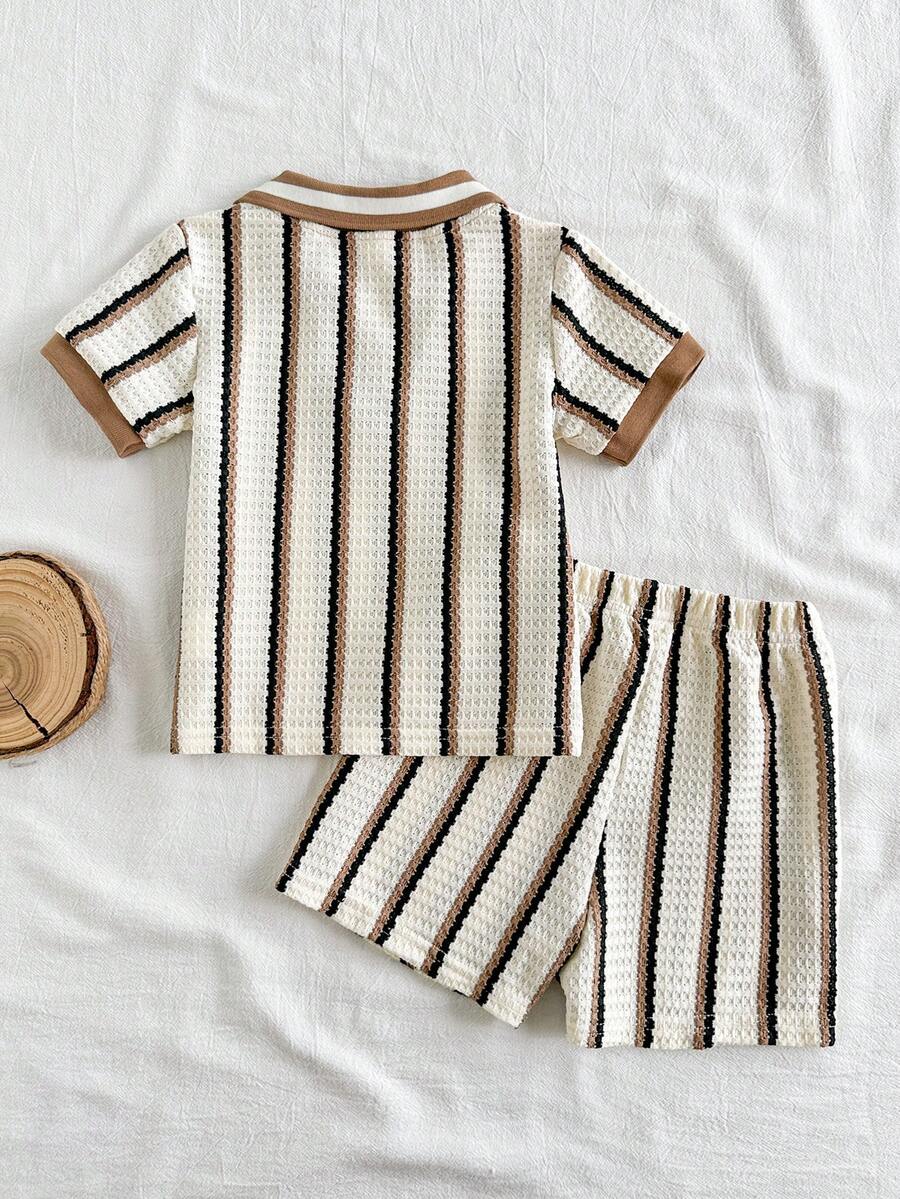 Playful Pals Baby Boy Khaki OOTD: Textured V-Neck and Striped Outfit