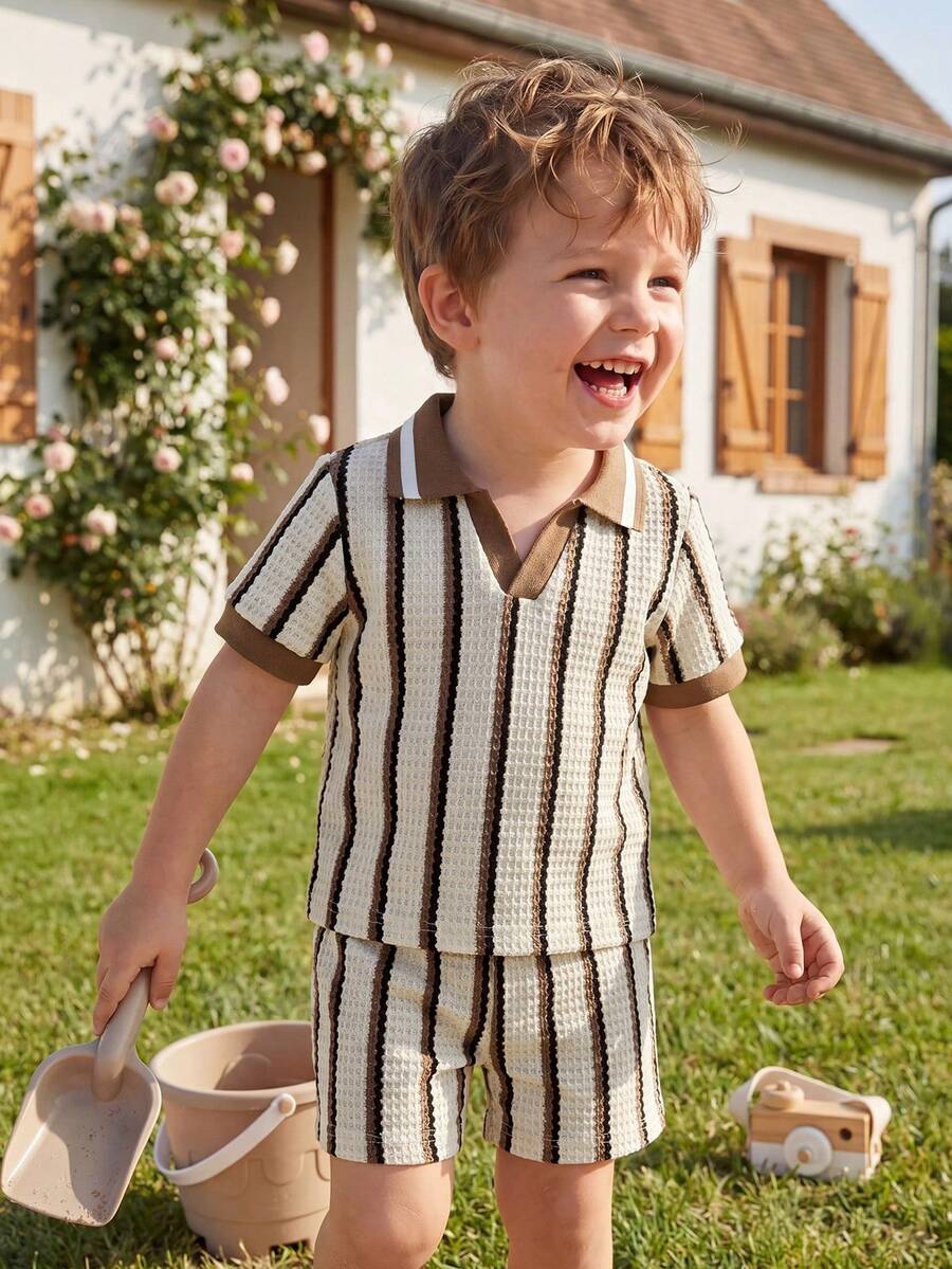 Playful Pals Baby Boy Khaki OOTD: Textured V-Neck and Striped Outfit