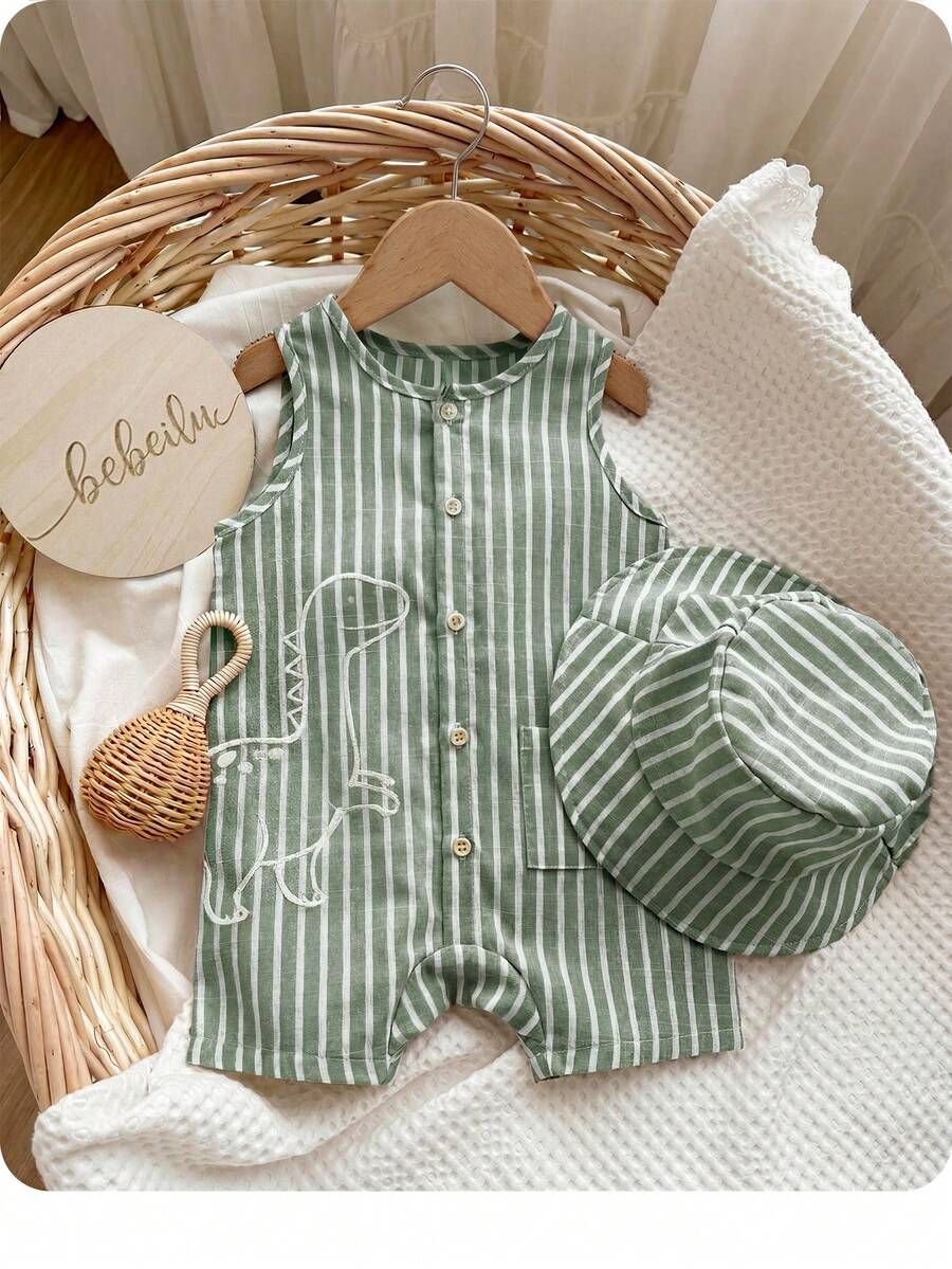Unisex Baby Green White Striped Sleeveless Jumpsuit and Bucket Hat 2 Piece Summer Vacation Outfit Set