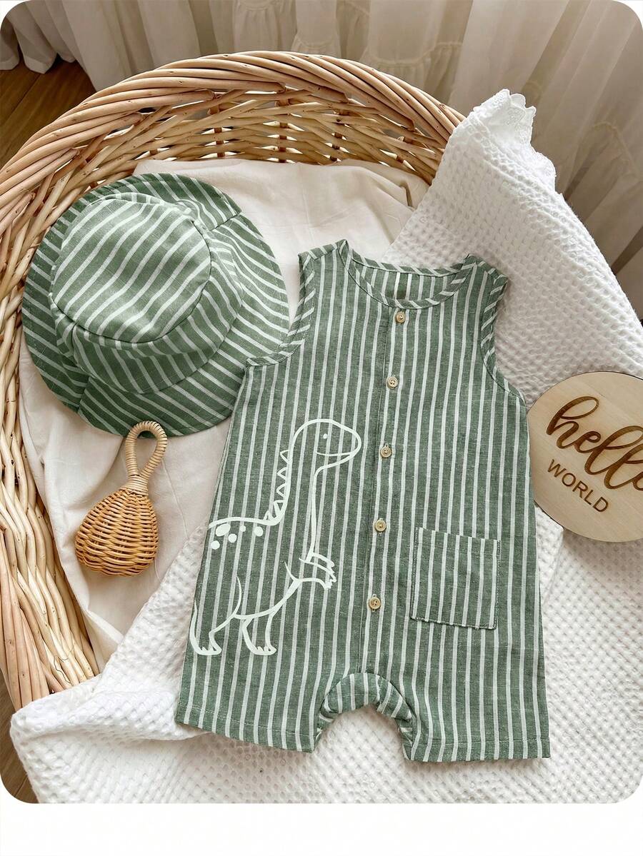 Unisex Baby Green White Striped Sleeveless Jumpsuit and Bucket Hat 2 Piece Summer Vacation Outfit Set