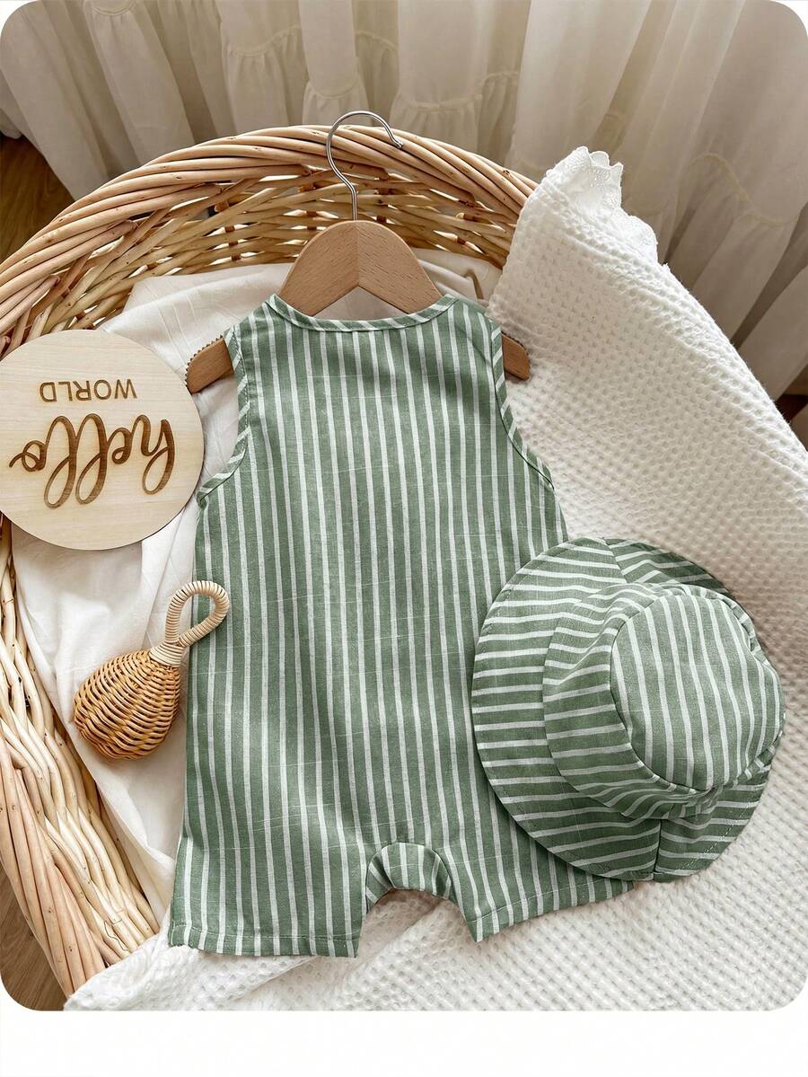 Unisex Baby Green White Striped Sleeveless Jumpsuit and Bucket Hat 2 Piece Summer Vacation Outfit Set