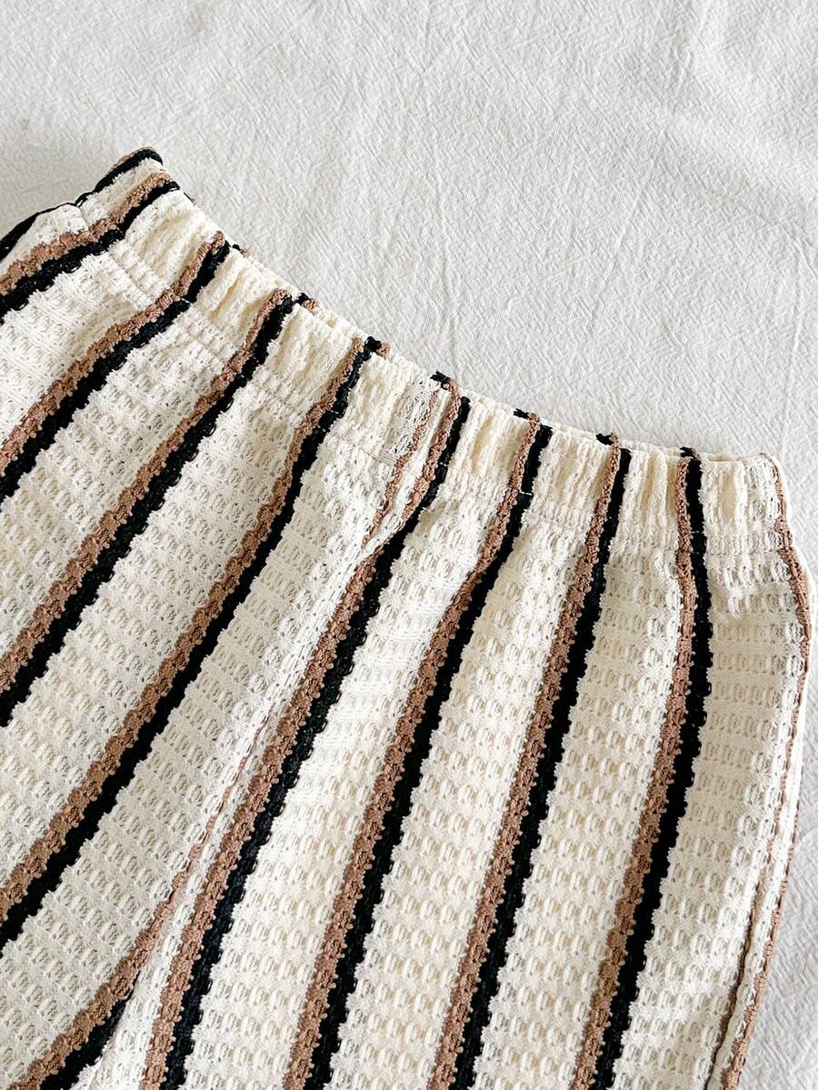 Playful Pals Baby Boy Khaki OOTD: Textured V-Neck and Striped Outfit