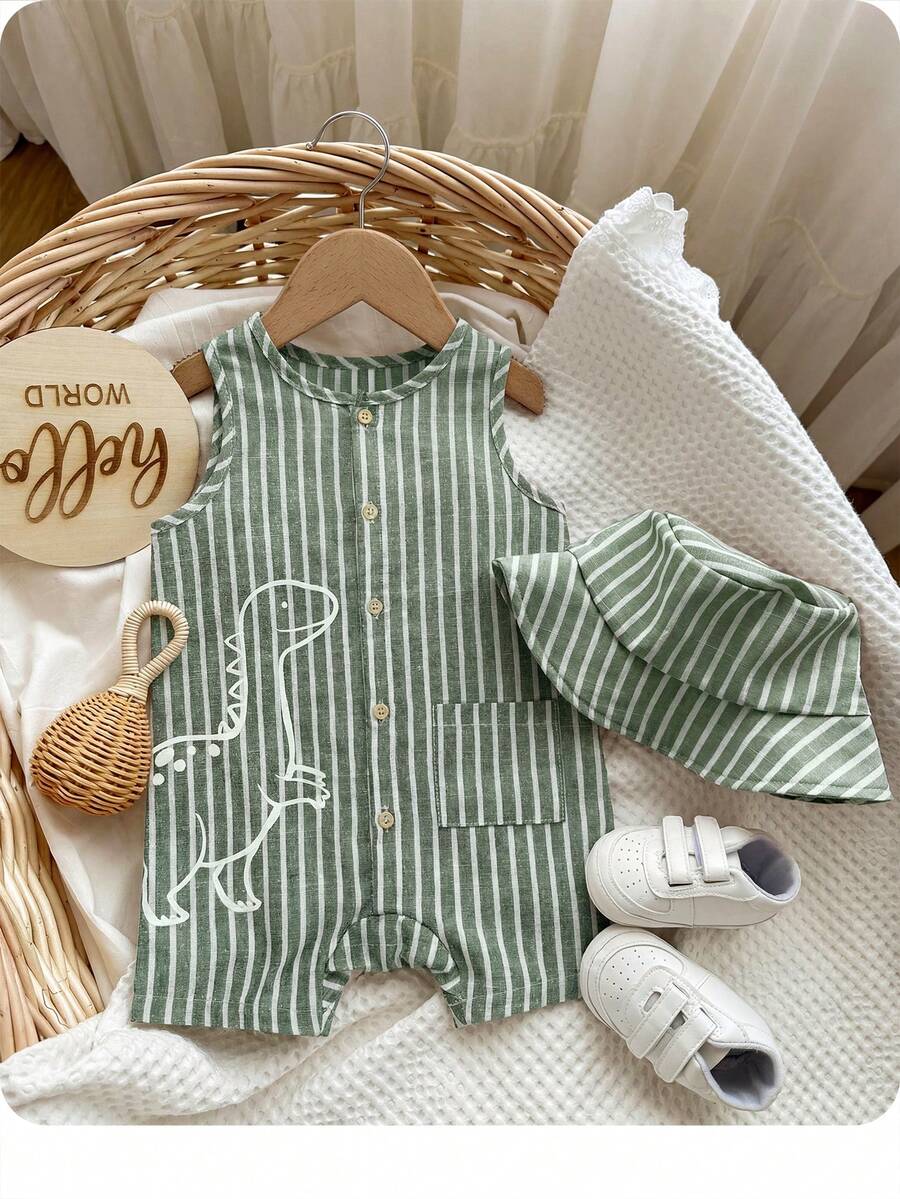 Unisex Baby Green White Striped Sleeveless Jumpsuit and Bucket Hat 2 Piece Summer Vacation Outfit Set