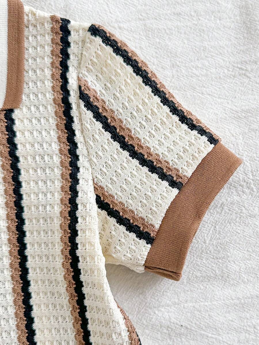 Playful Pals Baby Boy Khaki OOTD: Textured V-Neck and Striped Outfit