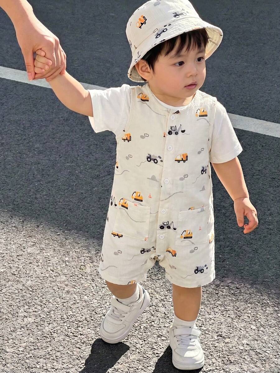 Baby Boy White Sleeveless Romper with Pockets Casual Short Jumpsuit for Everyday Wear