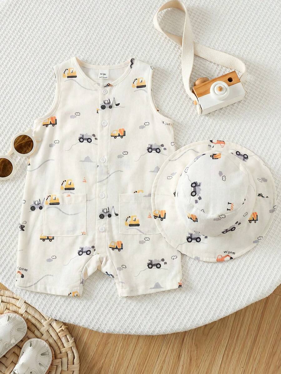 Baby Boy White Sleeveless Romper with Pockets Casual Short Jumpsuit for Everyday Wear
