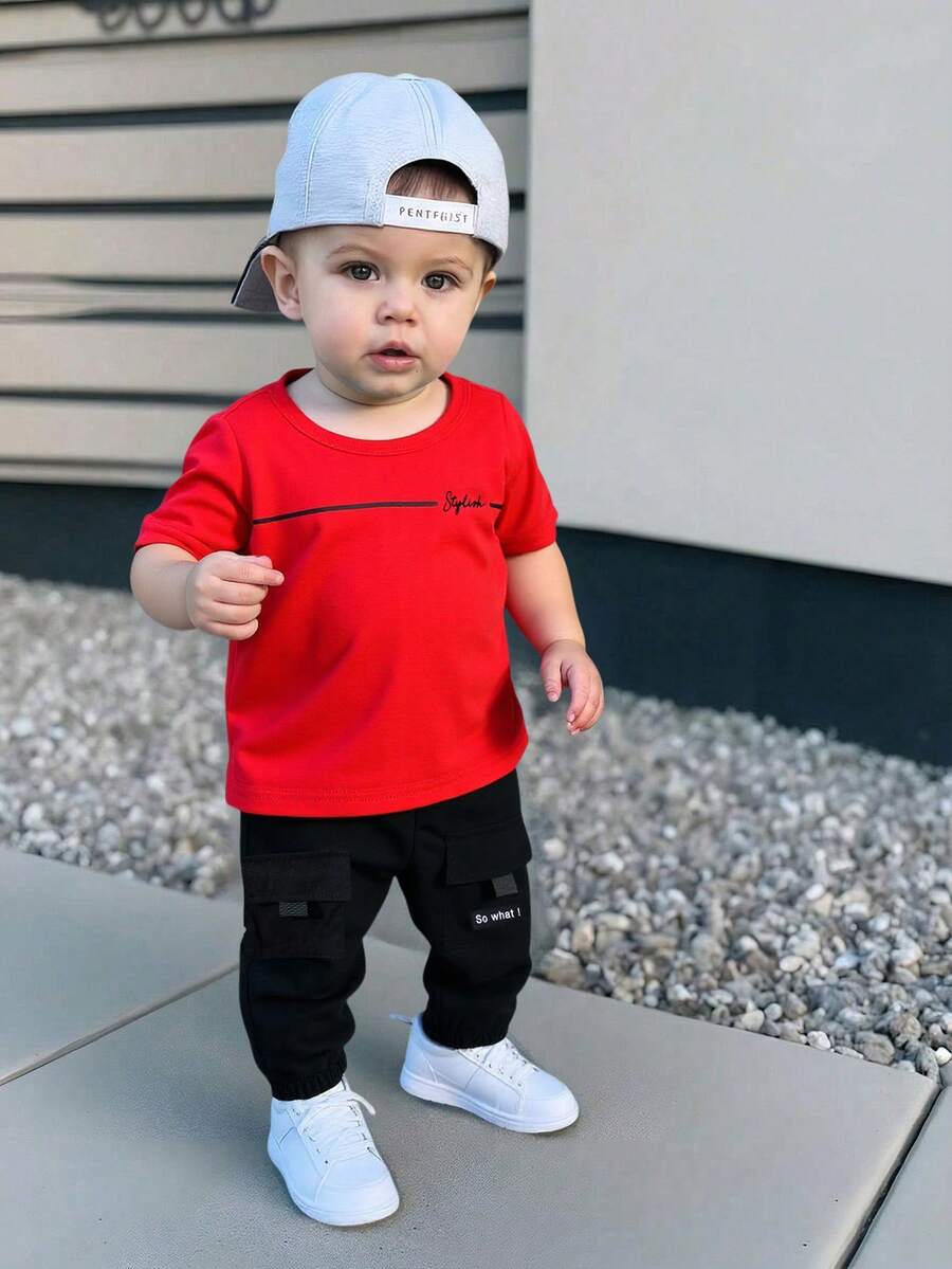 Baby Boy Letter Print T Shirt and Large Pocket Pants 2 Piece Casual Outfit Set for Spring Summer Autumn