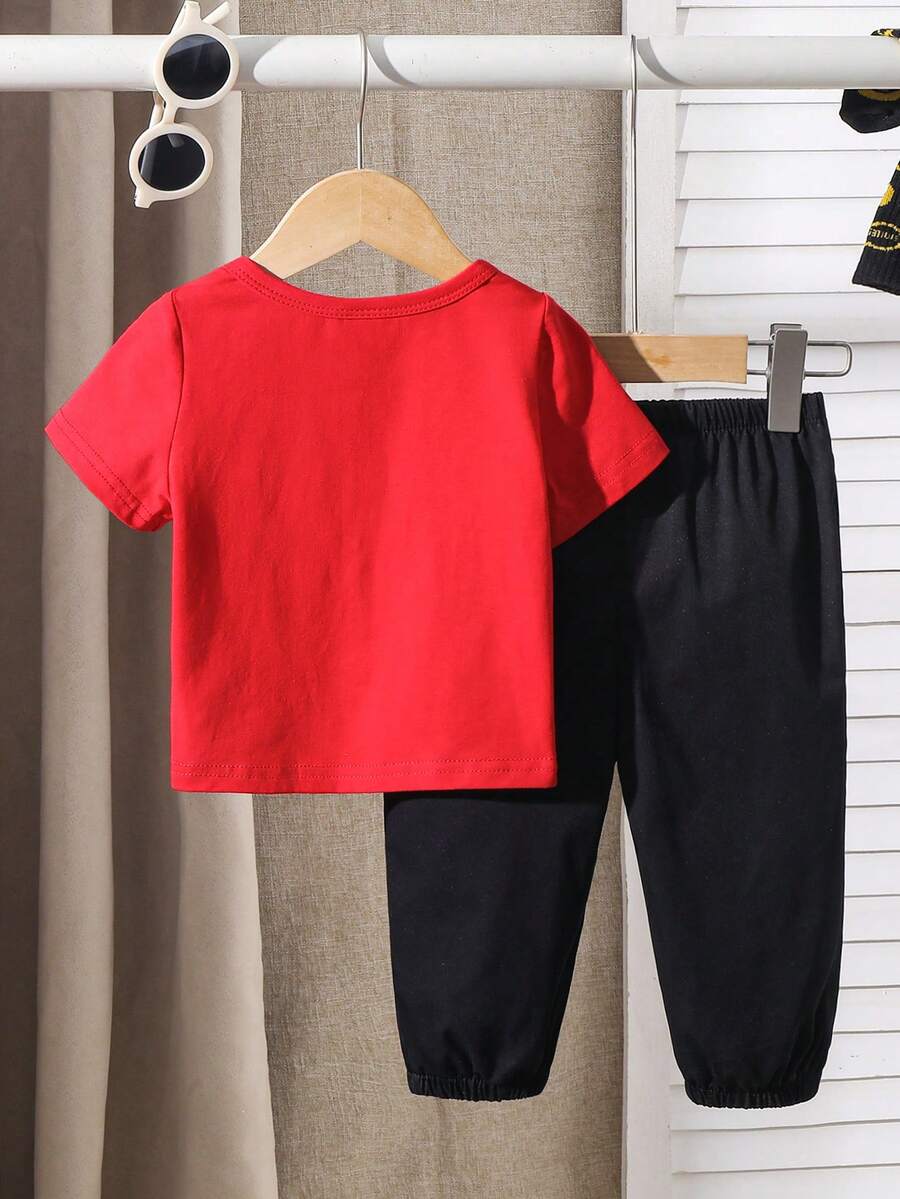 Baby Boy Letter Print T Shirt and Large Pocket Pants 2 Piece Casual Outfit Set for Spring Summer Autumn