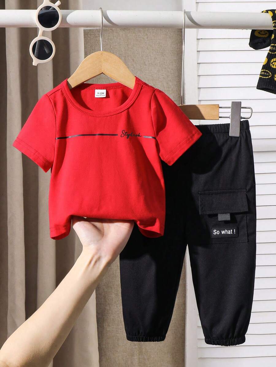 Baby Boy Letter Print T Shirt and Large Pocket Pants 2 Piece Casual Outfit Set for Spring Summer Autumn