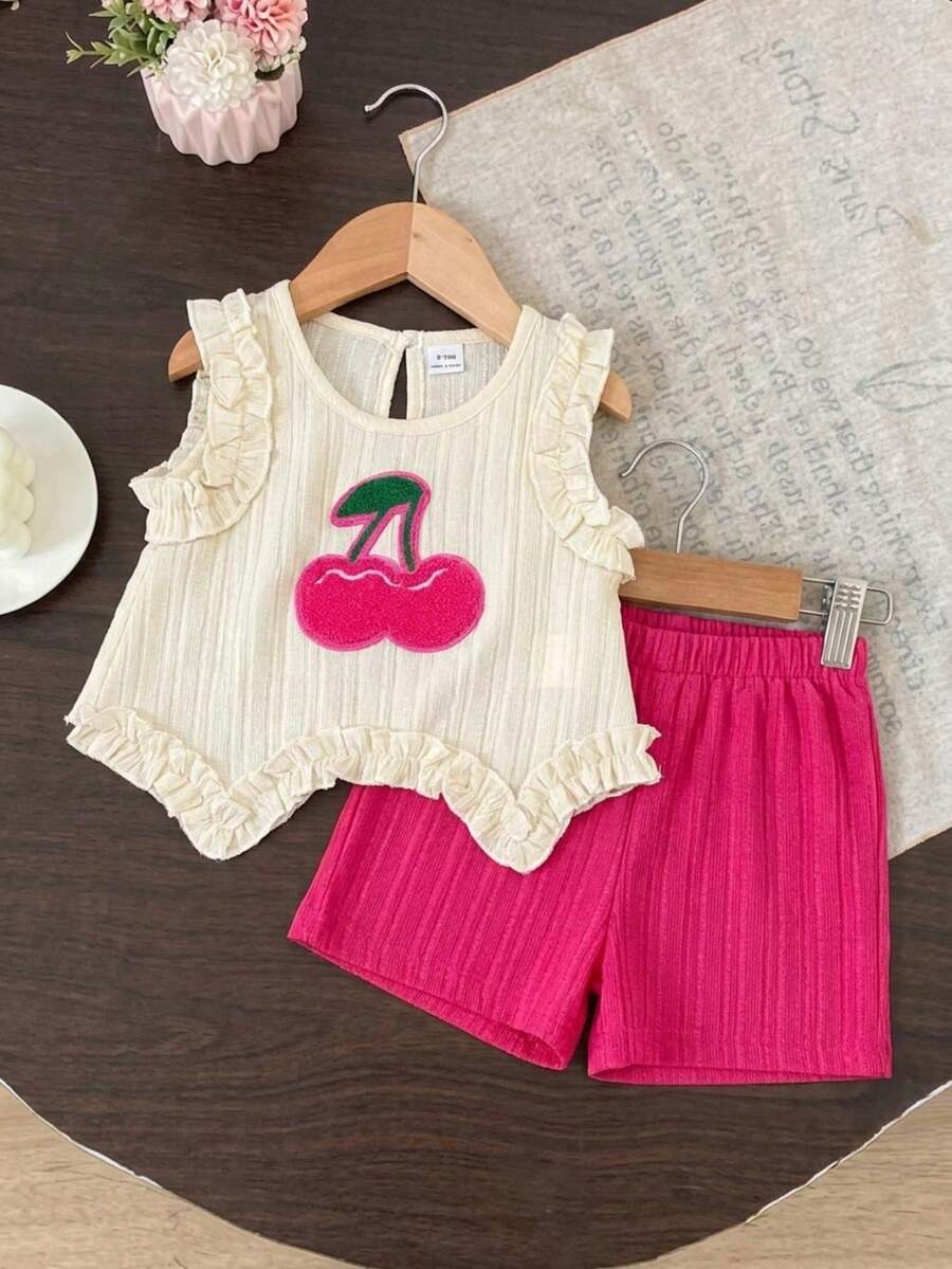 Light Green Vest Top And Apricot Shorts Set For Toddler Girls Vacation Wear