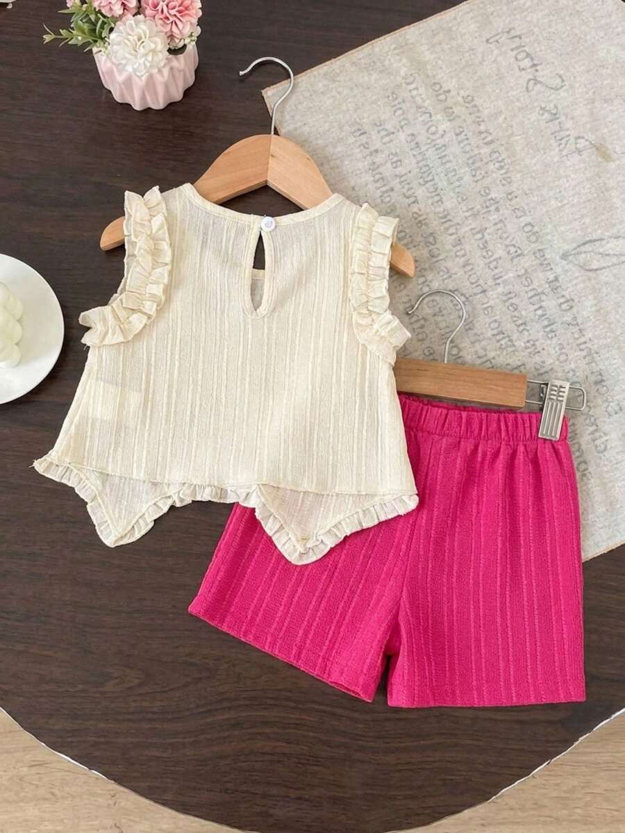Light Green Vest Top And Apricot Shorts Set For Toddler Girls Vacation Wear