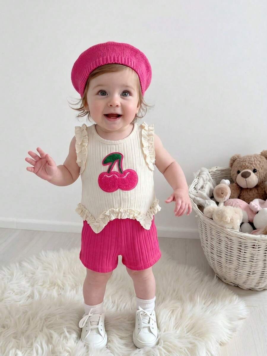 Light Green Vest Top And Apricot Shorts Set For Toddler Girls Vacation Wear