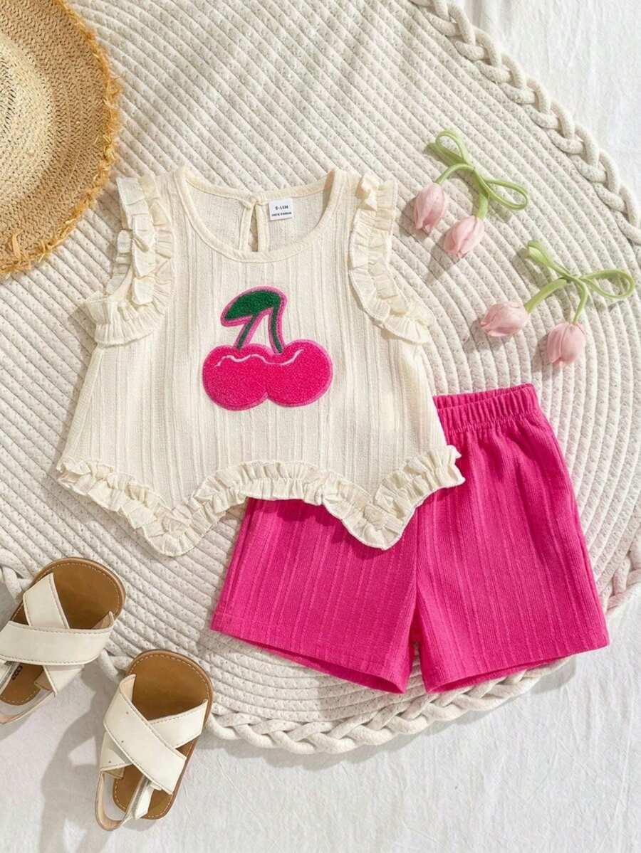 Light Green Vest Top And Apricot Shorts Set For Toddler Girls Vacation Wear