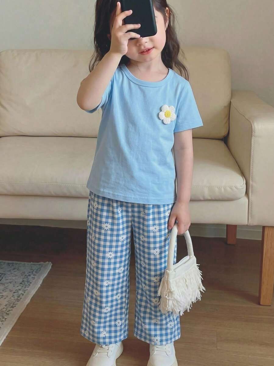 3D Floral T Shirt And Plaid Pants Set For Baby Girls Casual Cute Outfit