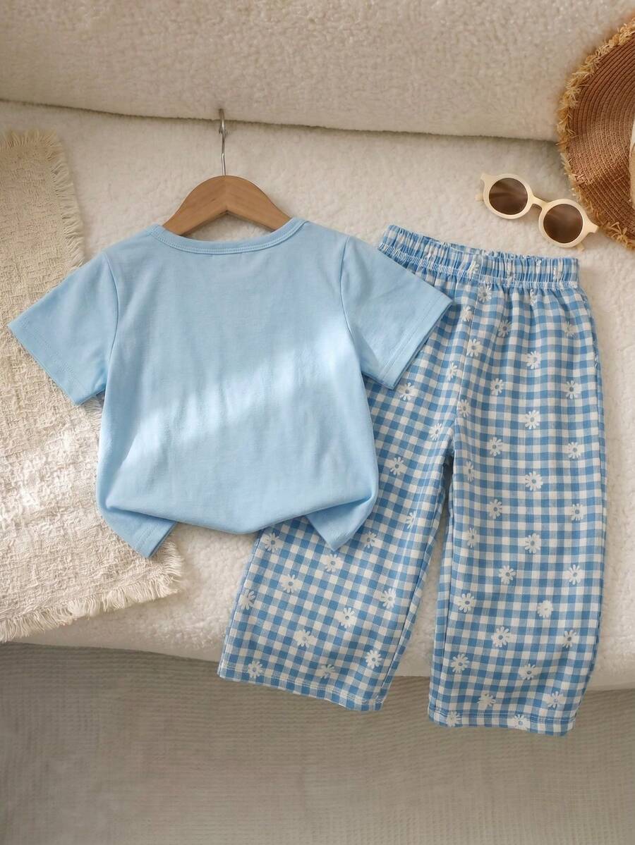 3D Floral T Shirt And Plaid Pants Set For Baby Girls Casual Cute Outfit